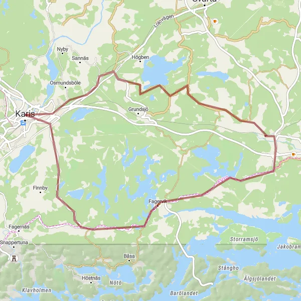 Map miniature of "Scenic Gravel Cycling Route from Karis to Kroggård" cycling inspiration in Helsinki-Uusimaa, Finland. Generated by Tarmacs.app cycling route planner