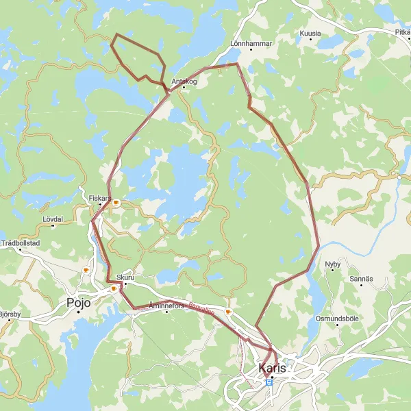 Map miniature of "Quaint Gravel Cycling Route from Karis to Solbacka" cycling inspiration in Helsinki-Uusimaa, Finland. Generated by Tarmacs.app cycling route planner