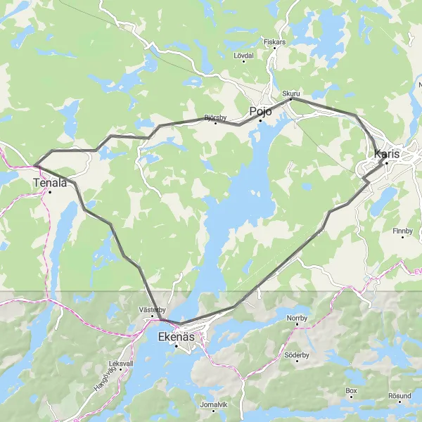 Map miniature of "Karis - Bäljars - Ekenäs - Tenala - Pojo" cycling inspiration in Helsinki-Uusimaa, Finland. Generated by Tarmacs.app cycling route planner