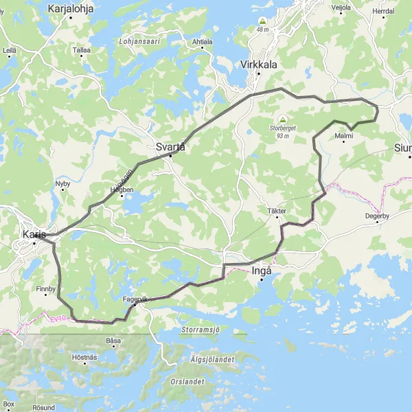 Map miniature of "Hilly Road Cycling Route from Karis to Svartå" cycling inspiration in Helsinki-Uusimaa, Finland. Generated by Tarmacs.app cycling route planner