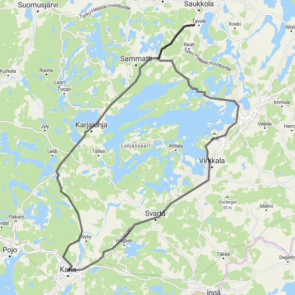 Map miniature of "Karis - Karjalohja - Myllykylä - Karstu - Lohja - Virkkala - Svartå - Tallmo" cycling inspiration in Helsinki-Uusimaa, Finland. Generated by Tarmacs.app cycling route planner