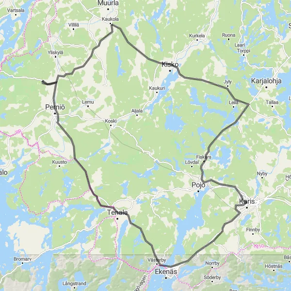 Map miniature of "Challenging Road Cycling Route from Karis to Kisko" cycling inspiration in Helsinki-Uusimaa, Finland. Generated by Tarmacs.app cycling route planner