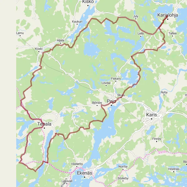 Map miniature of "Karjalohja - Antskog - Pojo - Tenala" cycling inspiration in Helsinki-Uusimaa, Finland. Generated by Tarmacs.app cycling route planner