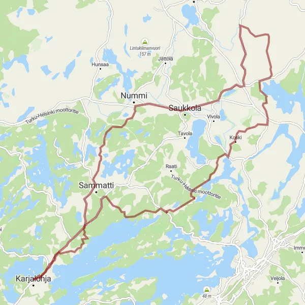 Map miniature of "Karjalohja - Sammatti - Saukkola - Maikkalanselkä - Karjalohja" cycling inspiration in Helsinki-Uusimaa, Finland. Generated by Tarmacs.app cycling route planner