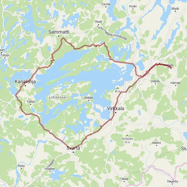 Map miniature of "Karjalohja - Karstu - Lohja - Virkkala - Svartå - Karjalohja" cycling inspiration in Helsinki-Uusimaa, Finland. Generated by Tarmacs.app cycling route planner