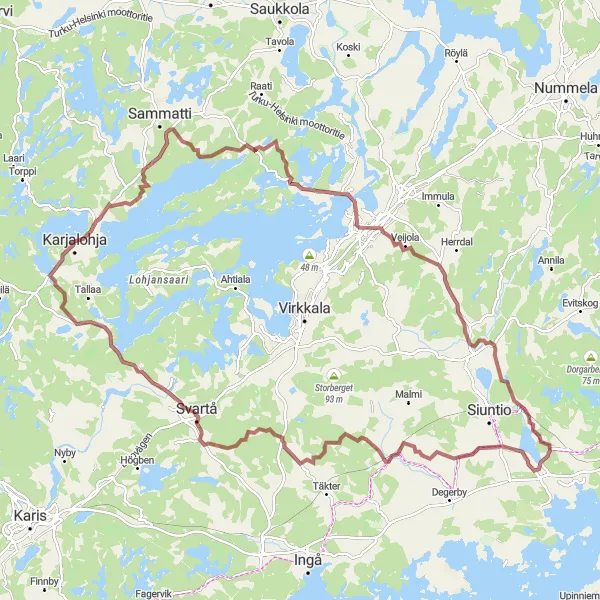 Map miniature of "Karjalohja Gravel Adventure" cycling inspiration in Helsinki-Uusimaa, Finland. Generated by Tarmacs.app cycling route planner