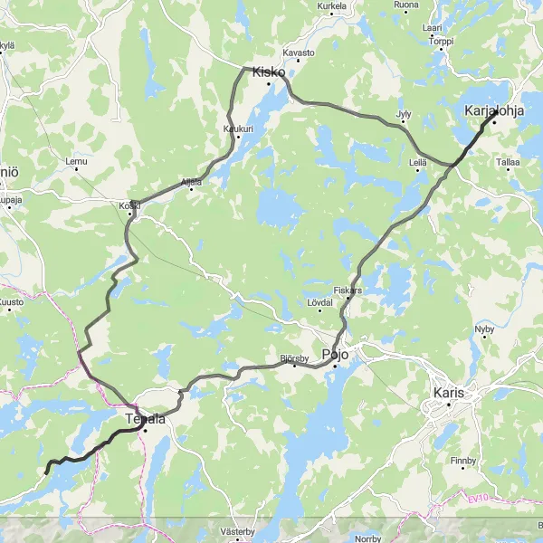 Map miniature of "Fiskars Road Escape" cycling inspiration in Helsinki-Uusimaa, Finland. Generated by Tarmacs.app cycling route planner