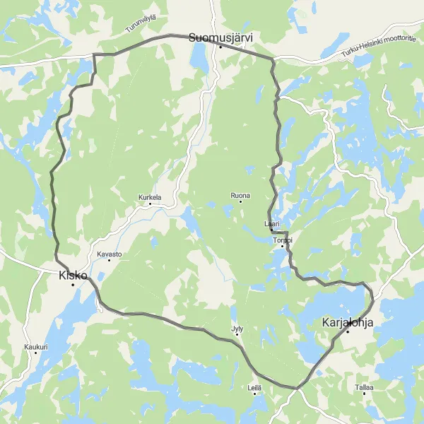 Karttaminiaatyyri "Kisko-Suomusjärvi-Karjalohja Road Loop" pyöräilyinspiraatiosta alueella Helsinki-Uusimaa, Finland. Luotu Tarmacs.app pyöräilyreittisuunnittelijalla