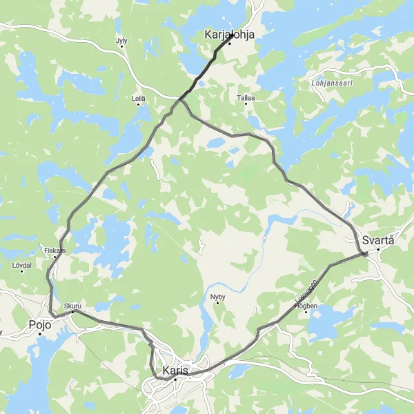 Map miniature of "Karjalohja - Billnäs - Fiskars - Antskog" cycling inspiration in Helsinki-Uusimaa, Finland. Generated by Tarmacs.app cycling route planner