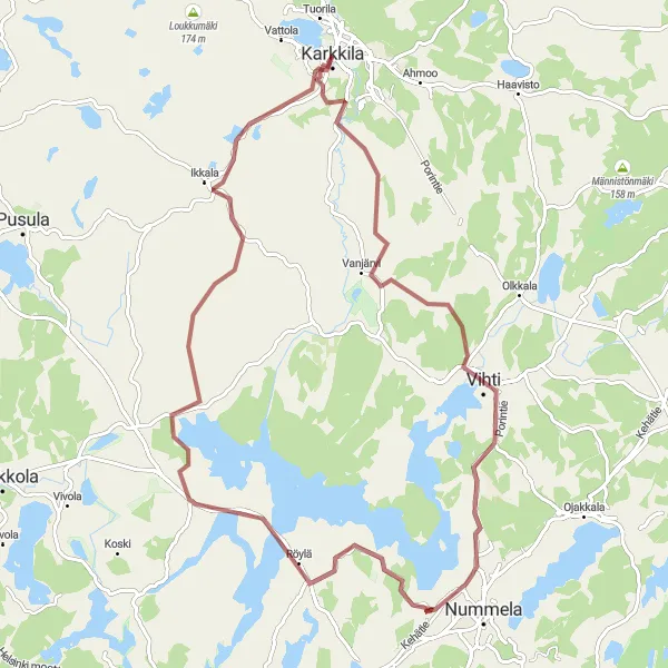 Map miniature of "Vihti and Haudankallio Gravel Route" cycling inspiration in Helsinki-Uusimaa, Finland. Generated by Tarmacs.app cycling route planner