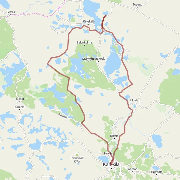 Map miniature of "Nyhkälä and Räyskälä Gravel Route" cycling inspiration in Helsinki-Uusimaa, Finland. Generated by Tarmacs.app cycling route planner