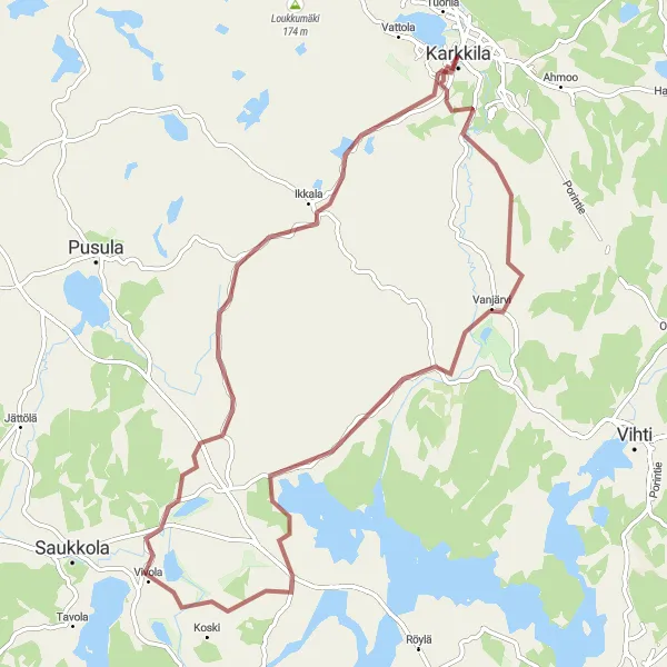 Map miniature of "Hyrsylä and Ikkala Gravel Loop" cycling inspiration in Helsinki-Uusimaa, Finland. Generated by Tarmacs.app cycling route planner