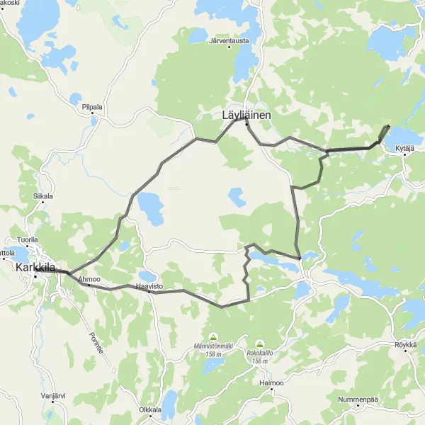 Map miniature of "Läyliäinen and Kannas Road Route" cycling inspiration in Helsinki-Uusimaa, Finland. Generated by Tarmacs.app cycling route planner
