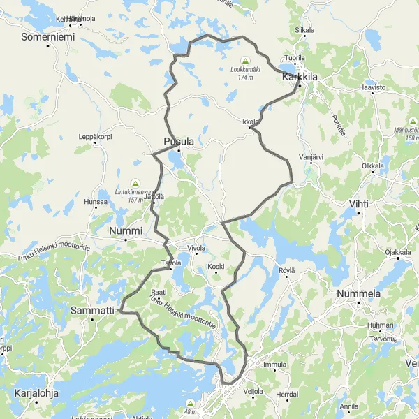 Map miniature of "Mountainous Road Challenge" cycling inspiration in Helsinki-Uusimaa, Finland. Generated by Tarmacs.app cycling route planner