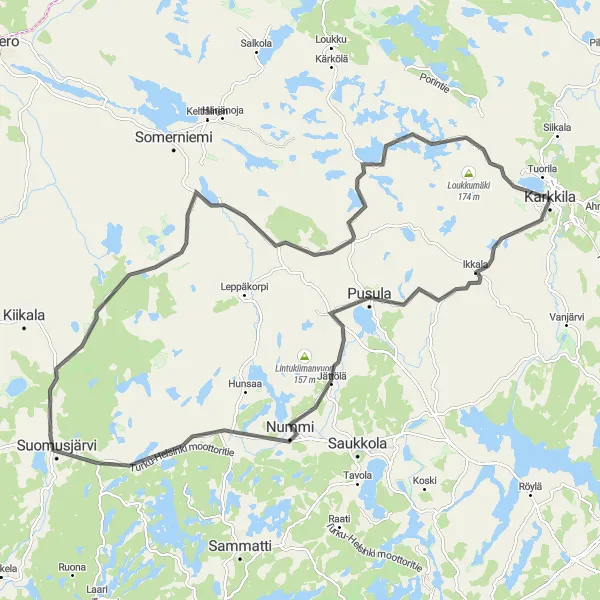 Map miniature of "Hyönölä and Vattola Road Loop" cycling inspiration in Helsinki-Uusimaa, Finland. Generated by Tarmacs.app cycling route planner