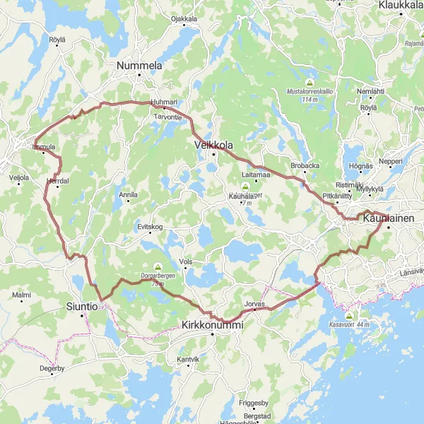 Karttaminiaatyyri "Metsäpolkuja ja maaseutumaisemia" pyöräilyinspiraatiosta alueella Helsinki-Uusimaa, Finland. Luotu Tarmacs.app pyöräilyreittisuunnittelijalla