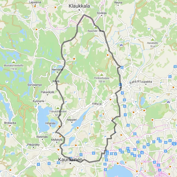 Karttaminiaatyyri "Kaupunkiseikkailua ja luonnonläheisiä elämyksiä" pyöräilyinspiraatiosta alueella Helsinki-Uusimaa, Finland. Luotu Tarmacs.app pyöräilyreittisuunnittelijalla