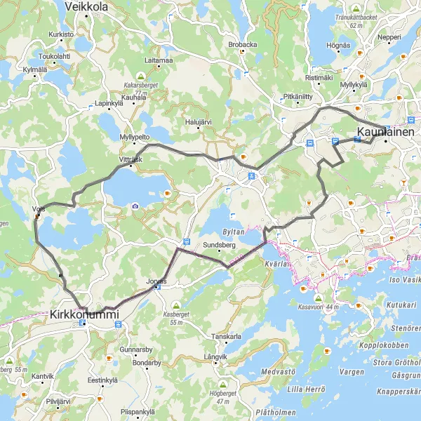 Karttaminiaatyyri "Kauniainen - Kirkkonummi - Kauniainen" pyöräilyinspiraatiosta alueella Helsinki-Uusimaa, Finland. Luotu Tarmacs.app pyöräilyreittisuunnittelijalla