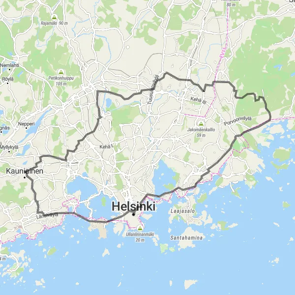 Map miniature of "Leppävaara Loop" cycling inspiration in Helsinki-Uusimaa, Finland. Generated by Tarmacs.app cycling route planner