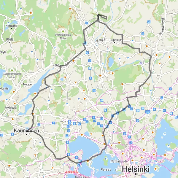 Karttaminiaatyyri "Kauniainen - Munkkiniemi - Kauniainen" pyöräilyinspiraatiosta alueella Helsinki-Uusimaa, Finland. Luotu Tarmacs.app pyöräilyreittisuunnittelijalla