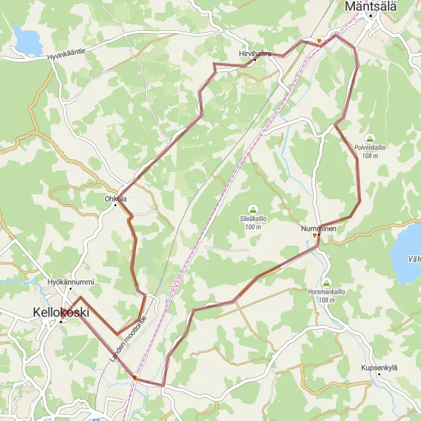 Map miniature of "Kellokoski Gravel Route" cycling inspiration in Helsinki-Uusimaa, Finland. Generated by Tarmacs.app cycling route planner