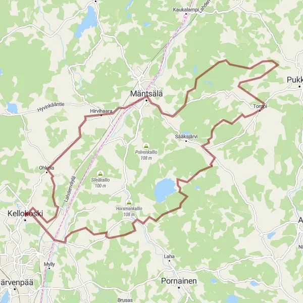 Map miniature of "Hirvihaara Gravel Adventure" cycling inspiration in Helsinki-Uusimaa, Finland. Generated by Tarmacs.app cycling route planner
