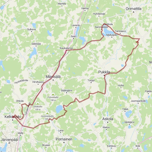 Map miniature of "Kellokoski - Mäntsälä - Pukkila - Kellokoski" cycling inspiration in Helsinki-Uusimaa, Finland. Generated by Tarmacs.app cycling route planner