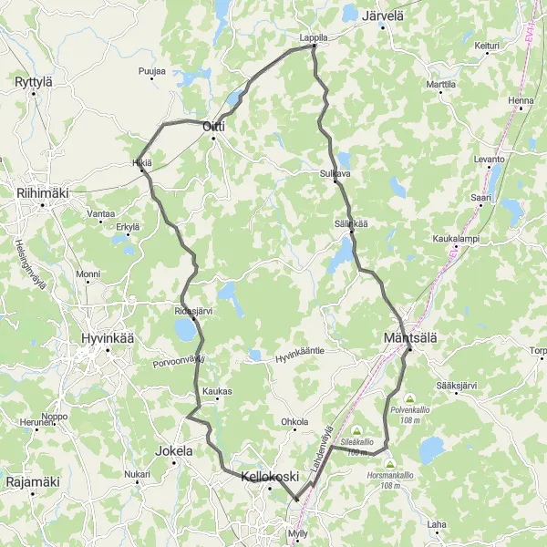 Karttaminiaatyyri "Kellokoski-Ridasjärvi-Oitti-Mäntsälä-Foulankallio-Kellokoski" pyöräilyinspiraatiosta alueella Helsinki-Uusimaa, Finland. Luotu Tarmacs.app pyöräilyreittisuunnittelijalla