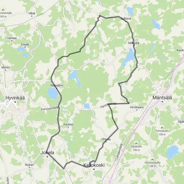 Map miniature of "Kellokoski Loop" cycling inspiration in Helsinki-Uusimaa, Finland. Generated by Tarmacs.app cycling route planner