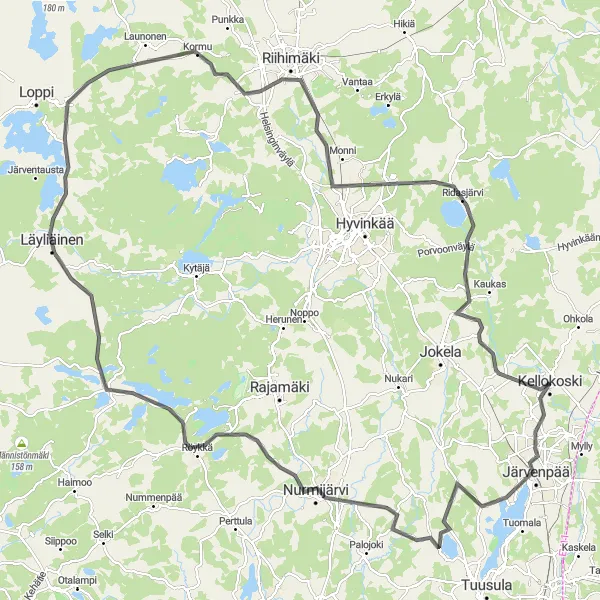 Karttaminiaatyyri "Historiallinen Kellokoski - Ridasjärvi - Järvenpää kierros" pyöräilyinspiraatiosta alueella Helsinki-Uusimaa, Finland. Luotu Tarmacs.app pyöräilyreittisuunnittelijalla