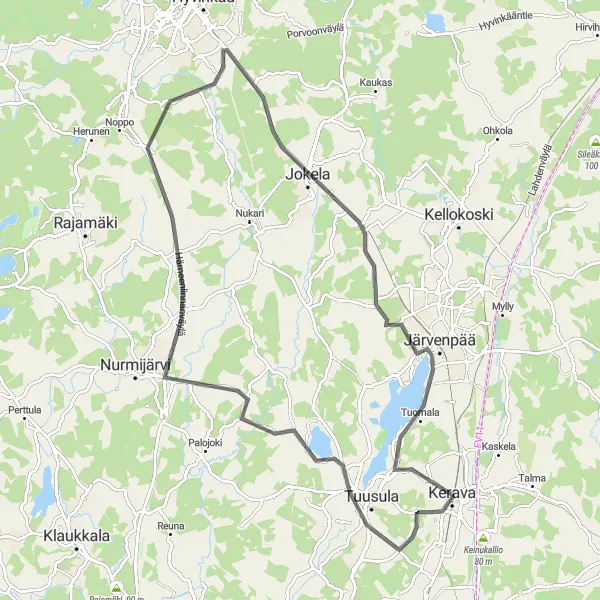 Map miniature of "The Lakeside Adventure" cycling inspiration in Helsinki-Uusimaa, Finland. Generated by Tarmacs.app cycling route planner