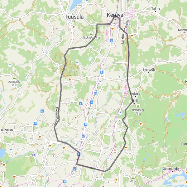 Map miniature of "Kerava to Palokallio Loop" cycling inspiration in Helsinki-Uusimaa, Finland. Generated by Tarmacs.app cycling route planner