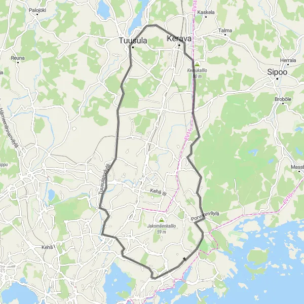 Map miniature of "Kerava to Porakallio Circuit" cycling inspiration in Helsinki-Uusimaa, Finland. Generated by Tarmacs.app cycling route planner