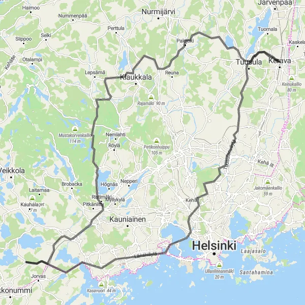 Map miniature of "Kerava to Bemböle: Challenging Road Cycling Adventure" cycling inspiration in Helsinki-Uusimaa, Finland. Generated by Tarmacs.app cycling route planner