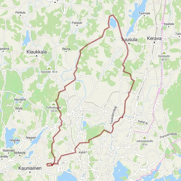 Map miniature of "Rural Gravel Adventure: Rusutjärvi Loop" cycling inspiration in Helsinki-Uusimaa, Finland. Generated by Tarmacs.app cycling route planner