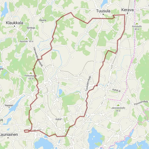 Map miniature of "Lahela and Pakila Gravel Loop" cycling inspiration in Helsinki-Uusimaa, Finland. Generated by Tarmacs.app cycling route planner