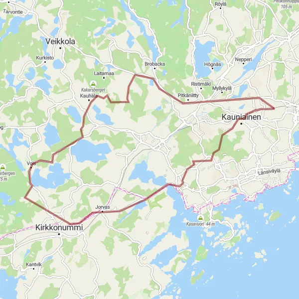 Map miniature of "Kauniainen and Kirkkonummi Gravel Adventure" cycling inspiration in Helsinki-Uusimaa, Finland. Generated by Tarmacs.app cycling route planner