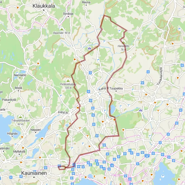 Map miniature of "Gravel route from Kilo" cycling inspiration in Helsinki-Uusimaa, Finland. Generated by Tarmacs.app cycling route planner