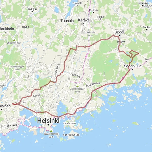 Karttaminiaatyyri "Haasteellinen hiekkatie koko perheen seikkailuille" pyöräilyinspiraatiosta alueella Helsinki-Uusimaa, Finland. Luotu Tarmacs.app pyöräilyreittisuunnittelijalla