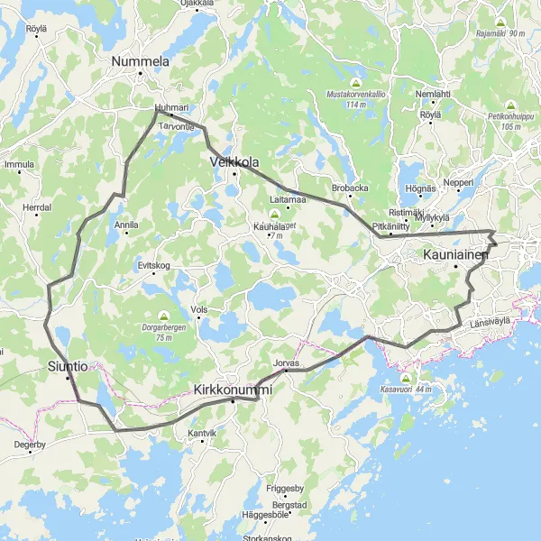 Map miniature of "Scenic Road Ride to Siuntio" cycling inspiration in Helsinki-Uusimaa, Finland. Generated by Tarmacs.app cycling route planner