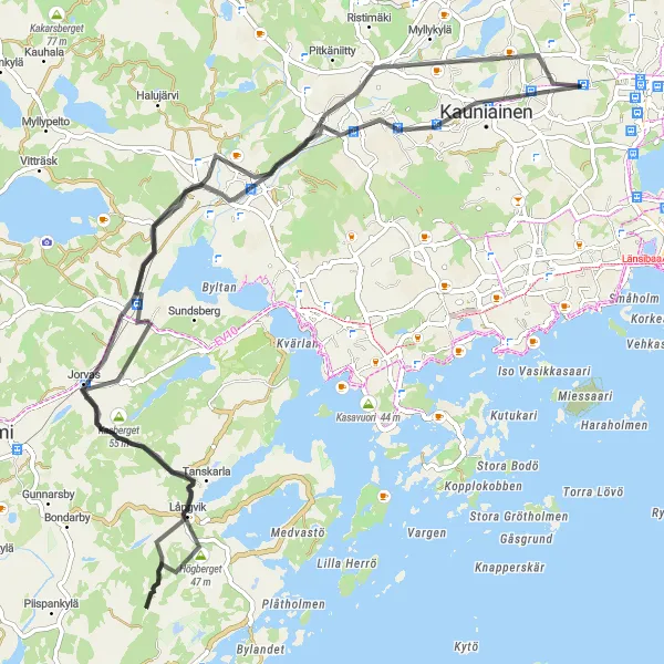 Map miniature of "Leisurely road tour of Espoo" cycling inspiration in Helsinki-Uusimaa, Finland. Generated by Tarmacs.app cycling route planner