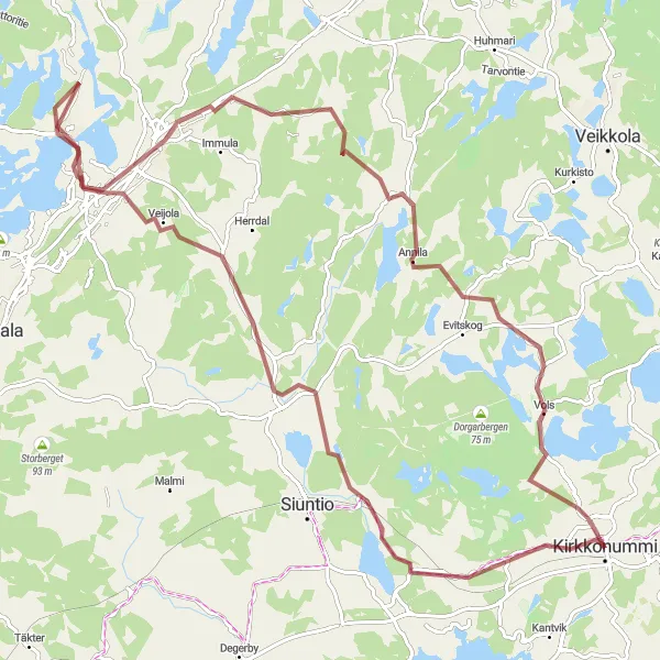 Map miniature of "Lake and forest gravel adventure" cycling inspiration in Helsinki-Uusimaa, Finland. Generated by Tarmacs.app cycling route planner