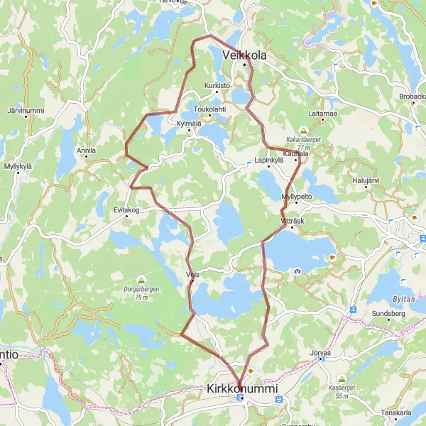 Map miniature of "Nature and Culture in Kirkkonummi" cycling inspiration in Helsinki-Uusimaa, Finland. Generated by Tarmacs.app cycling route planner