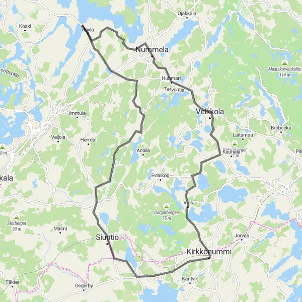 Map miniature of "The Rolling Hills Circuit" cycling inspiration in Helsinki-Uusimaa, Finland. Generated by Tarmacs.app cycling route planner