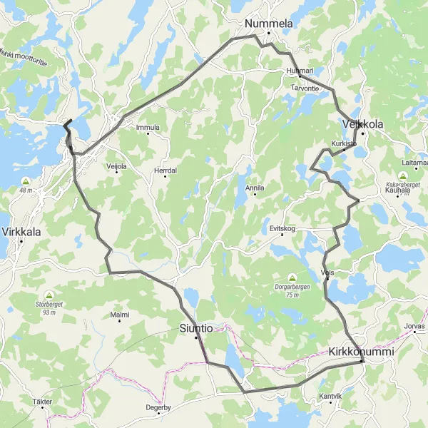 Map miniature of "Picturesque Road Trip" cycling inspiration in Helsinki-Uusimaa, Finland. Generated by Tarmacs.app cycling route planner