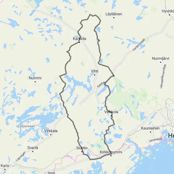 Map miniature of "Epic Challenge: Kirkkonummi" cycling inspiration in Helsinki-Uusimaa, Finland. Generated by Tarmacs.app cycling route planner