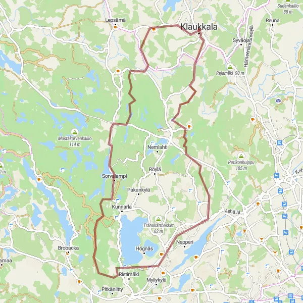 Map miniature of "Gravel Adventure in Klaukkala" cycling inspiration in Helsinki-Uusimaa, Finland. Generated by Tarmacs.app cycling route planner