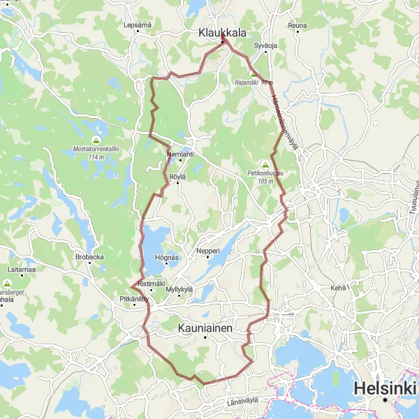 Map miniature of "Scenic Gravel Route to Viirinlaakso" cycling inspiration in Helsinki-Uusimaa, Finland. Generated by Tarmacs.app cycling route planner