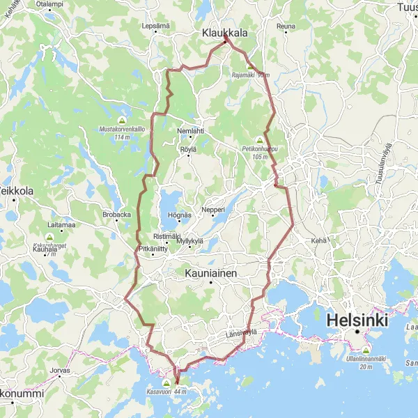Map miniature of "Gravel Adventure to Hanikka" cycling inspiration in Helsinki-Uusimaa, Finland. Generated by Tarmacs.app cycling route planner