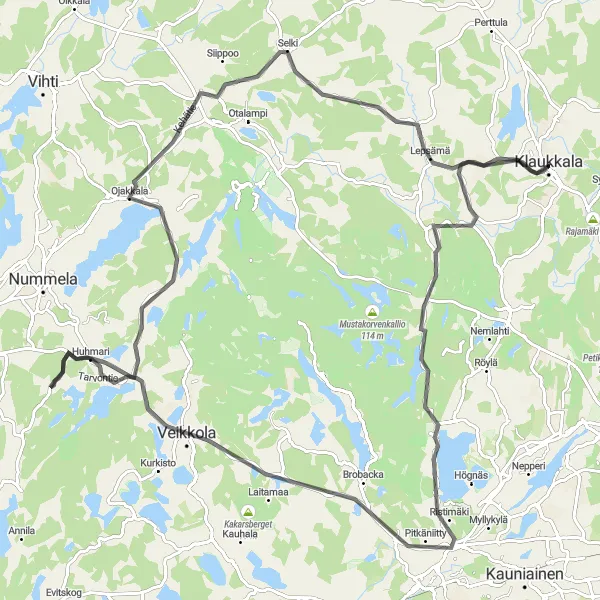 Map miniature of "Road to Lakisto" cycling inspiration in Helsinki-Uusimaa, Finland. Generated by Tarmacs.app cycling route planner